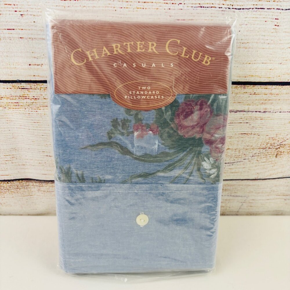VTG Charter Club Two Standard Pillowcases "Emily" Chambray Floral